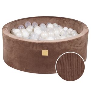 MeowBaby® Runder Ballpool mit Bällen 7 cm für ein Kind, 90x30 cm/200 Bälle, Cord-Cord-Velours, Schokolade: weiß/weiß perlmutt/transparent