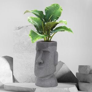 ML-Design Pflanztopf Osterinsel, 26x23x43 cm Grau, Harz Moai-Kopf Skulptur, Innen- und Außenstatue, massiv, Pflanzgefäß Blumentopf Übertopf Gesicht Pflanzer Gartendeko Vase Urne für Pflanzen