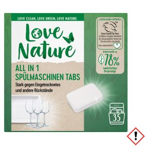 Love Nature Spülmaschinentabs All in One (35 Tabs), für nachhaltiges Geschirrspülen, stark gegen Eingetrocknetes, 78 % Inhaltsstoffe natürlichen Ursprungs, EU Ecolabel
