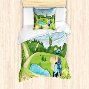 ABAKUHAUS Golfplatz-Szene Bettbezug Set für Einzelbetten, Hills Autofahnen, Milbensicher Allergiker geeignet mit Kissenbezug, 135 cm x 200 cm - 80 x 80 cm, Apfelgrün Multicolor