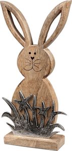 Formano Deko-Hase mit Gras aus Mangoholz und Alu, Höhe: 34 cm, Braun-Silber, 1 Stück