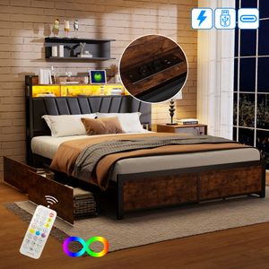Polsterbett 180x200cm mit USB und Steckdosen, Jugendbett Doppelbett mit 4 Schubladen, Stauraumbett Massivholzbett mit LED und Lattenrost