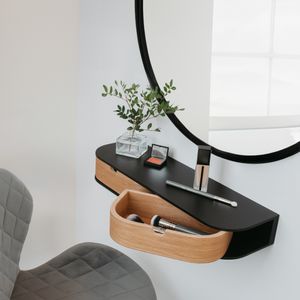 Schwebendes Regal mit zwei Schubladen - Hängendes Wandregal Holz - Schwarz, Eiche