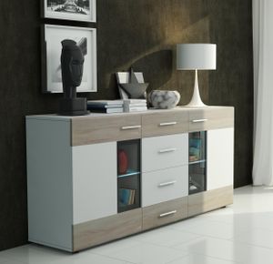 FURNIX Sideboard TINNA Anrichte Kommode mit 4 Schubladen und 2 Vitrine Türen 170 cm breit modern Weiß - Eiche Sonoma