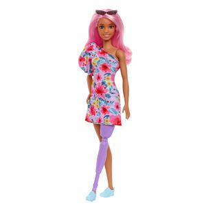 Barbie Fashionistas Puppe im schulterfreien Blumenkleid, pinke Haare, Beinprothese, für Kinder von 3 bis 8 Jahren
