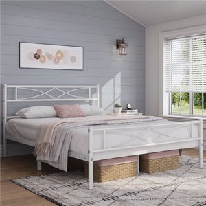 Yaheetech Metallbett Bettgestell 140 x 200 cm, Bettrahmen mit Flügelmuster Kopfteil, Weiß