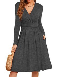 Damen Strickkleider V Ausschnitt Strickpulli  Kleid Elegant Strickkleid Casual Kleider Dunkelgrau,Größe XL