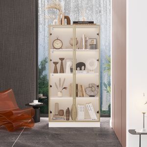 Vitrinenschrank mit Glastüren und Beleuchtung, Glasvitrine Stehend mit 4-stufigen Einlegeböden, Pop-up Design,Vitrine mit Glastüren Weiß
