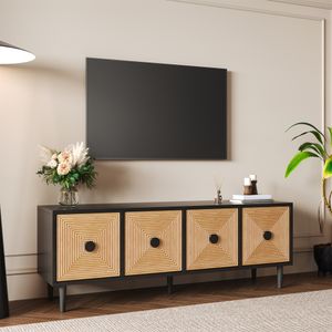 Merax TV-Schrank 150 cm – Sideboard mit geschnitzten Bambustüren & Eisenbeinen – Schwarz & Holzoptik – Lowboard mit Stauraum für Wohnzimmer