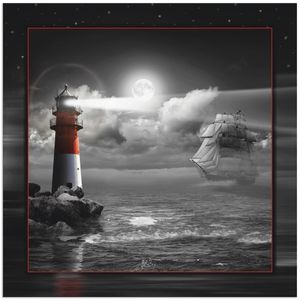 ARTland Wandbild Alu für Innen & Outdoor Leuchtturm und Segelschiff im Mondschein Größe: 70x70 cm