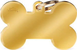 MYFAMILY personalisierte Hundemedaille XL Knochen Hundeteller freie Inzision goldenes Messing Basic Kollektion 48x31 mm Hundeschmuck