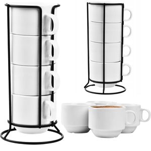 Zestaw 4x FILIŻANKA Z METALOWYM STOJAKIEM BIAŁA 220ml do KAWY HERBATY