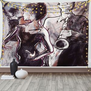 ABAKUHAUS Musik Wandteppich, Jazz Musiker Saxophon, Wohnzimmer Schlafzimmer Heim Seidiges Satin Wandteppich, 200 x 150 cm, Weiß Schwarz Rosa