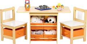 Yorbay Kindertisch mit 2 Stühle, Kindertisch mit Stauraum , 3tlg Kindersitzgruppe, Maltisch für Kinderzimmer,Orange +Holzfarbe +Weiß