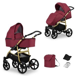Kinderwagen MATA Sportwagen Babywagen Babyschale Komplettset Kinder Wagen Set 2 in 1 (maroon, Rahmenfarbe: Gold)