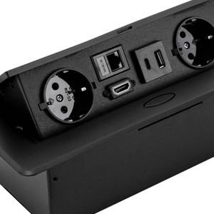 Stolní výsuvné zásuvky se 2 zásuvkami EU LAN HDMI a nabíječkami USB Typec 5V 2A černá