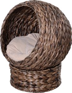 PawHut Rattan Katzenkorb Katzenhütte Katzenhöhle Katzenbett mit Kissen Haustierbett aus Wasserhyazinthe für Wohnzimmer Dunkelbraun 50 x 42 x 60 cm