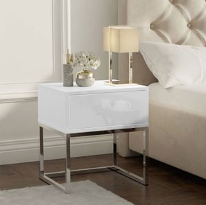 Noční stolek BLANCO GLAMOUR s chromovaným kovovým rámem, bílý / bílý vysoký lesk