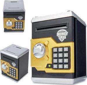 Elektronická pokladnička COIL, pokladnička, mini trezor, bankomat, PIN kód, bankovky a mince, zvukové efekty, Golden