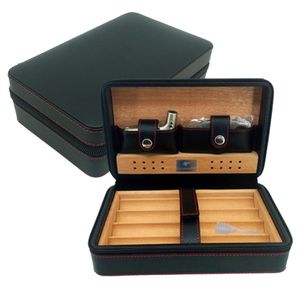 Klassisches Leder-Reiseetui, 4 Zigarren, Humidor mit Messer und Feuerzeug, schwarz