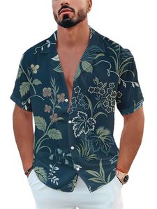 Herren Sommer Kurzarm Blattdruck Reverskragen Hemden Hawaii Urlaub Reise Shirt Top Dunkelgrün,Größe 3xl