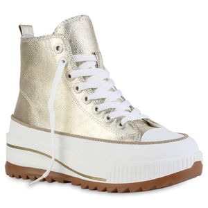 VAN HILL Damen Plateau Sneaker Schnürer Wedge Profil-Sohle Plateau-Schuhe 841126, Farbe: Gold, Größe: 38