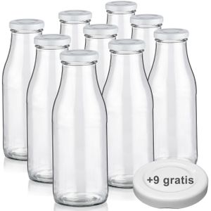 Milchflaschen 0,5L Smoothie Saft Flaschen 500ml leere Glasflaschen Deckel BPA frei, 9 Milchflaschen mit 18 Deckeln