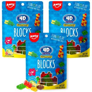 3x AMOS 4D Gummy Blocks, Essbare Bausteine im 100g Beutel, Mini-Fruchtgummis, ideal für den Kindergeburtstag Partys und als Muffin oder Torten Deko
