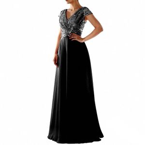 Paillettengenähtes Chiffon-Maxikleid Für Damen Partykleid Mit Kurzen Ärmeln,Farbe:Schwarz,Größe:3Xl