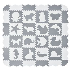 Juskys Kinder Puzzlematte Timon 36 Teile mit 16 Tieren in grau weiß - rutschfest & abwischbar  Puzzle ab 10 Monate - EVA Schaumstoff – Spielmatte