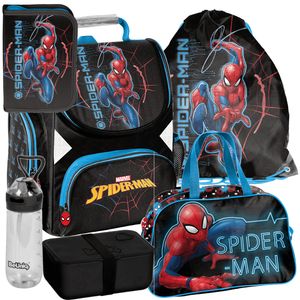 Paso Spiderman- 6-teiliges Mega Set - Rucksack, Federmäppchen, Tasche, Trinkflasche, Frühstückstasche, Schulranzen