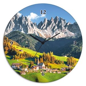 ARTland Wanduhr Alpen Berge Santa Maddalena Wanduhr auf Glas Funkuhr Größe: 30x30 cm