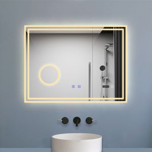 LED Badspiegel 80×60cm mit Uhr, Bluetooth, Touch, Beschlagfrei,3-Fach Vergrößerung Schminkspiegel,Badezimmerspiegel Kalt/Neutral/Warmweiß ,Dimmbar,IP44