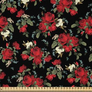 ABAKUHAUS Rot und Schwarz Satin Stoff als Meterware, Shabby Chic Garden Farm Blumen Blätter Rosen und Veilchen Design, 5 M (148 x 500 cm), Rot Schwarz Olivgrün