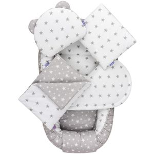 JUKKI® Baby Nestchen ✨ 5tlg BAUMWOLLE SET für Neugeborene [Graue Sterne] 2seitig 100x55cm Babynest + Matratze + Decke + 2xKissen