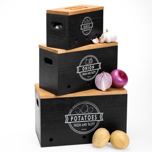 Kartoffel Aufbewahrungsbox 3er Set, Kartoffeln, Knoblauch und Zwiebel Aufbewahrung mit Deckel (Schwarz)