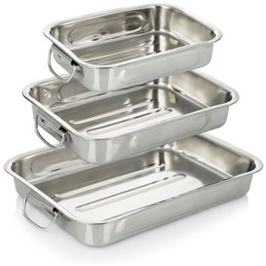 COM-FOUR® 3-teiliges Braten- und Backform-Set - Edelstahl Bräter mit Haltegriffen - Auflaufform Edelstahl zum Kochen und Backen - Ofenform COM-FOUR® 3-teiliges Braten- und Backform-Set - Edelstahl Bräter mit Haltegriffen - Auflaufform Edelstahl zum Kochen und Backen - Ofenform