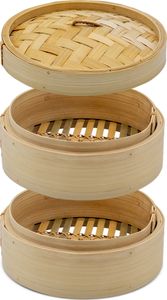Bambus Dampfgarer 2 Etagen mit Deckel - 20 x 15 cm - Asiatischer traditioneller Holz Dämpfer - Bambusdämpfer Koch Dampfkorb Steamer für Dim Sum Gemüse Fleisch Fisch