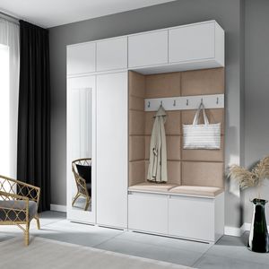 Garderoben-Set NIKOLA, Kleiderschrank mit Polsterplatten, Schuhschrank und Schrankaufsatz 90 cm– Ideal für Flur und Eingangsbereich (Weiß, Trinity 04)