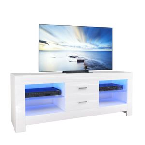 iropro TV Schrank Board Lowboard Fernsehtisch mit LED Beleuchtung Weiß Hochglanz mit Schubladen, 130x50x35 cm