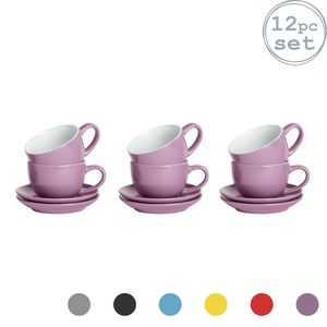Argon Ta 12 Stück Farbige Cappuccino Tasse und Untertasse Set - Modern Style Porzellan-Tee-und Kaffeetassen - Purple - 250ml