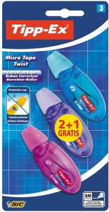 Tipp-Ex Micro Tape Twist Korrektur-Roller, mehrfarbig (nicht auswählbar) 8 m Länge, 5 mm Breite, Blister, 3 Stück