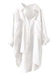 Damen Hemden Button Down Tunika Shirt Casual Bluse Elegant Langarmshirts Urlaub Weiß,Größe L