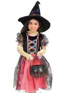 Hexen Kostüm "Summer" für Mädchen - Schwarz Pink | Glitzerndes Kinderkostüm Witch Halloween Größe: 140