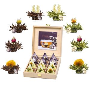 Creano Teelini Teeblumen Geschenkset in Teekiste aus Holz, 12 Erblühteelini in 8 Sorten - Weißer Tee & Schwarzer Tee