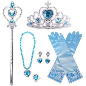 Prinzessin Kostüme Zubehör, 8-teiliges Set Mädchen Dress up Zubehör mit 1 x Elsa Krone, 1 x Paar Elsa Handschuhe, 1 x Zauberstab, 1 x Halskette, 1 x Ring, 2 x Ohrring (Blau)