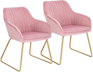 WOLTU Súprava 2 kuchynských stoličiek, kreslo s podrúčkou, zo zamatu, zlaté kovové nohy, ružová farba