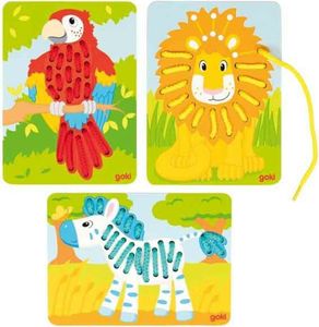 goki 58686 Fädelspiel Papagei, Löwe, Zebra 12 x 16,5 cm, Holz, 3 Teile, 6 Schnüre, bunt (1 Set)