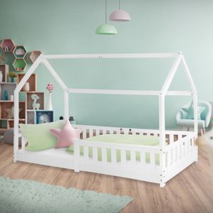 ML-Design Kinderbett mit Rausfallschutz, Lattenrost und Dach - 200x90 cm - Weiß - aus Kiefernholz - Hausbett für Mädchen/Jungen, Stabiles Jugendbett Kinderhaus