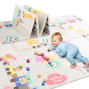 Caroma Baby Spielmatte faltbar, Wasserdicht Krabbelmatte aus XPE Material, 200x180x1 cm, Doppelseiten Kinderteppich, Tierzug, Hellfarbe